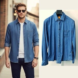 HUGO BOSS Blue Minimalist Casual Slim Fit Long Sleeves Button Down Shirt. Large